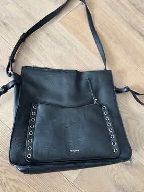 Perlina Black Pebbled Leather Crossbody with Eyelet Front Pocket
